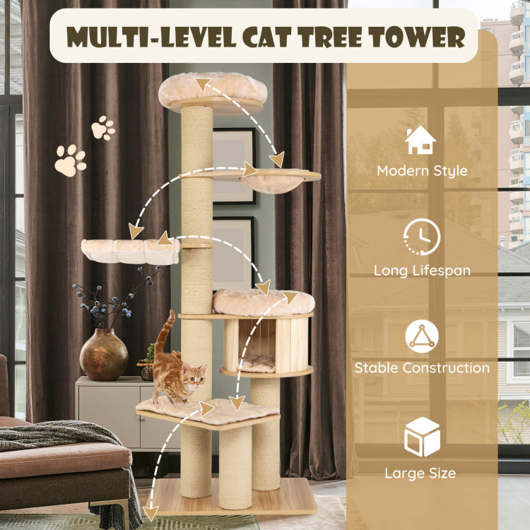 Modern Tall Cat Tree Tower with Scratch Posts and Washable Mats-BeigeCostway Gallery View 3 of 10
